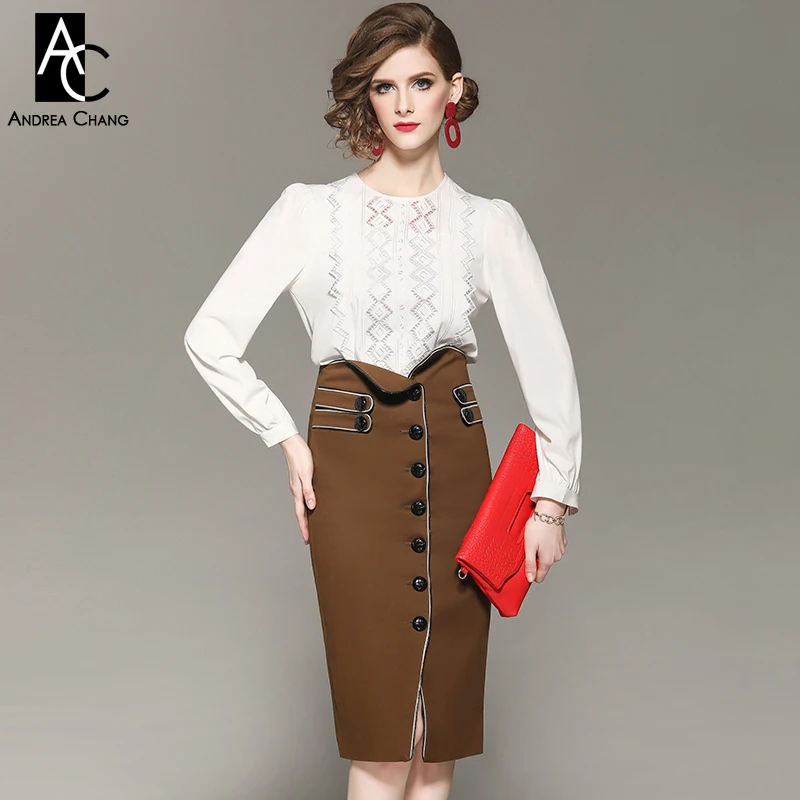 

autumn spring woman clothing set puff sleeve hollow out geometric pattern white blouse + brown skirt with buttons office outfit