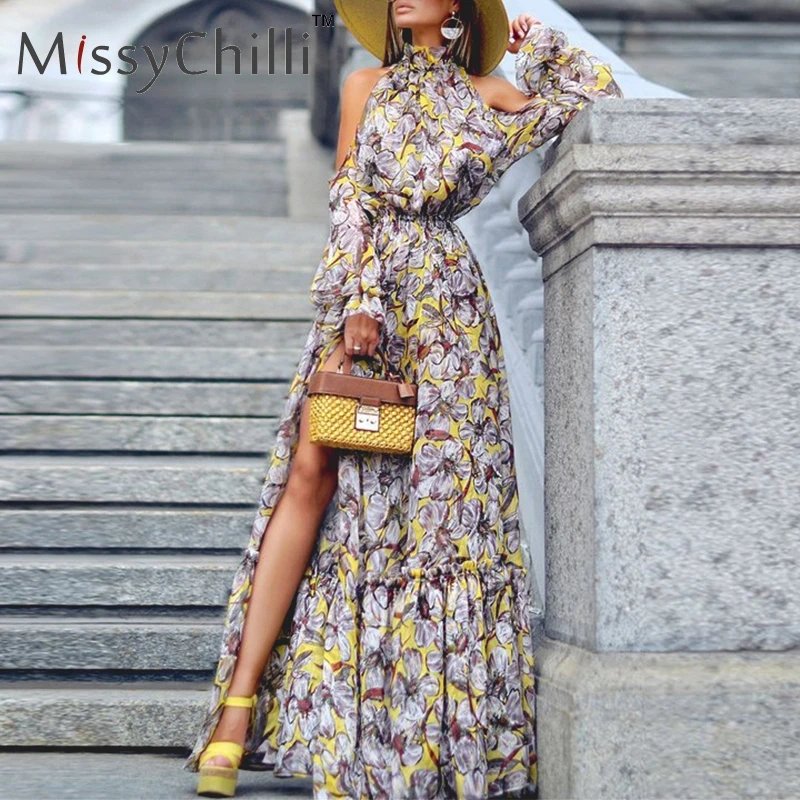 

MissyChilli Sexy floral high neck long dress Women elegant loose summer high split dress Long sleeve ruffles female party dress