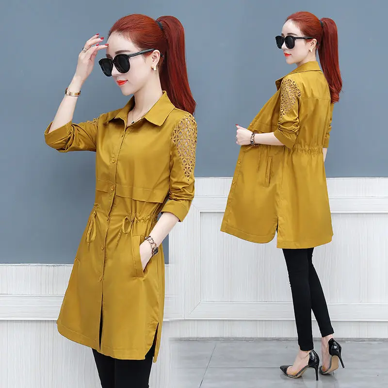 

Women's Casual Long Thin trench Coat Korean Style Oversize Khaki Yellow Windbreaker Female Tops