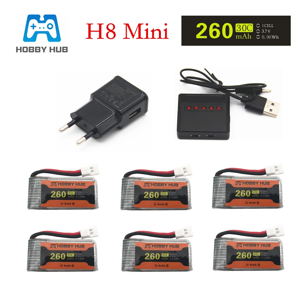 Батарея для H8 Mini 3,7 в 260 мАч Lipo батарея с 5iв1 зарядное устройство для Eachine H8 Для H8 RC Квадрокоптер Дрон часть H8Mini