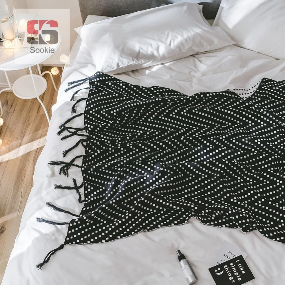 Sookie Black and White Blankets for Bed Sofa Soft Cotton Throw Blanket
