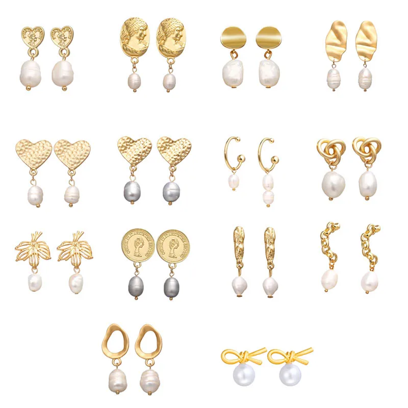 

New Women Trendy Freshwater Baroque Pearl Earrings Matte Gold Irregular Geometric Stud Earrings Drop Earrings