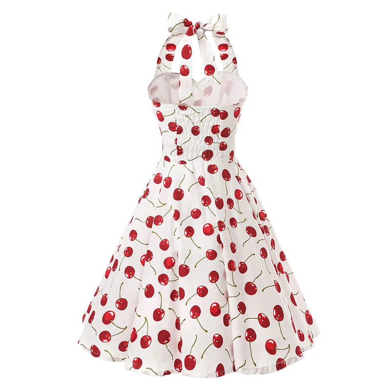Kostlish 1950s Hepburn Style Women Summer Dress Cotton Halter Cherry Print Vintage Dress Women 2017 Tunic Party Dresses Sundress (5)