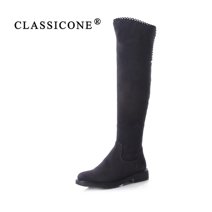 

CLASSIOCNE shoes woman snow over-the-knee high boots winter genuine leather gray suede warm wool flats brand fashion designers