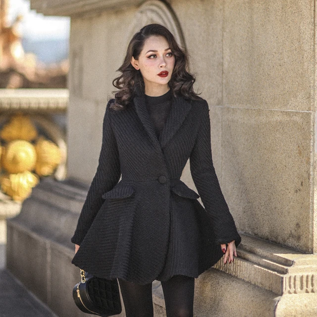 winter vintage 50s elegant wool knit slim swing coat in black women plus  size long pinup