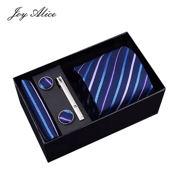 

New Blue striped Plaid Tie Hanky Cufflinks&clips Sets Men's 100% Silk Ties for men Formal Wedding Party Groom gift box packing