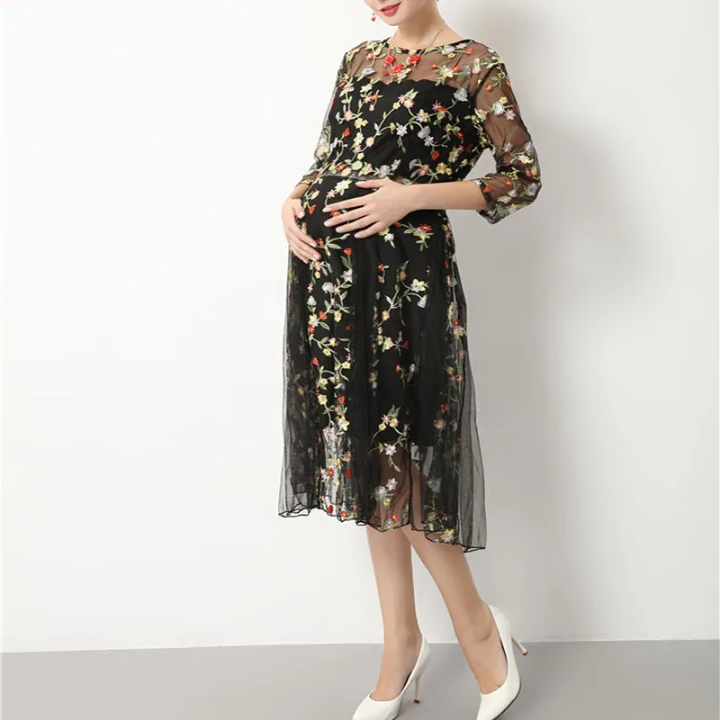 

Maternity Gown Dress for Photography Props Pregnant Photo Shoot Short Sleeve Flower Black Lace Dress Picture Shoot Props Clothes