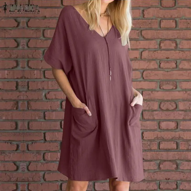 فستان صيفي ZANZEA الأزياء حزب قصيرة Vestidos 2019 المرأة عارضة الصلبة V الرقبة فضفاض فستان الشمس قصيرة الأكمام قميص فام رداء