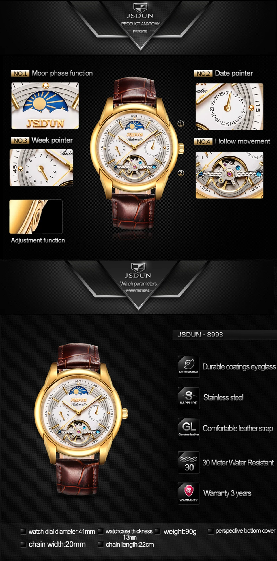 Автоматические механические часы мужские кожаные JSDUN Moon phase Мужские s часы лучший бренд класса люкс классические бизнес золотые мужские наручные часы Новые