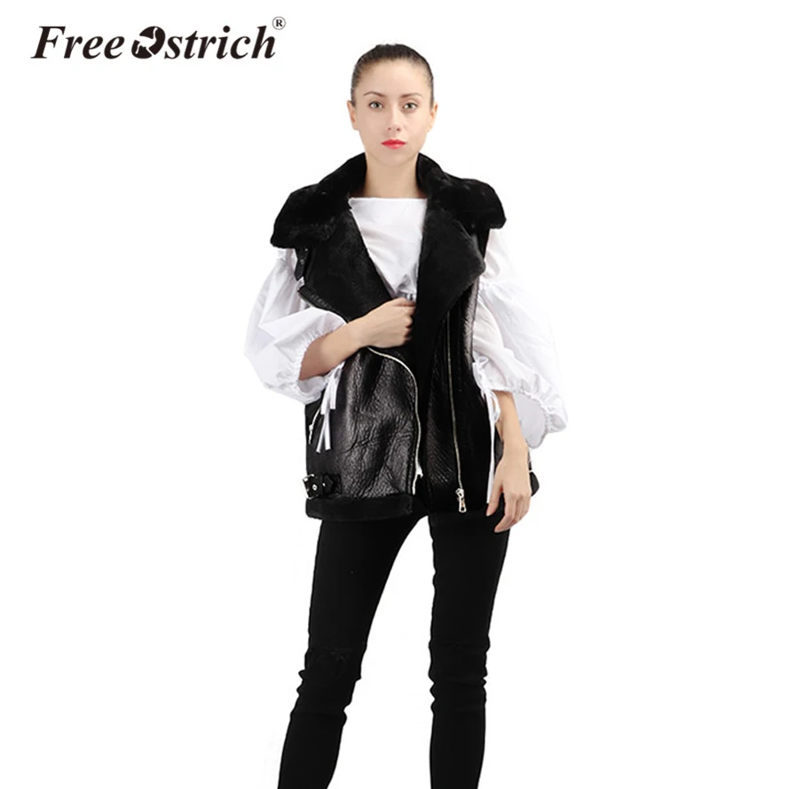 

Free Ostrich 2019 PU Leather Fur Vest Women jacket Turn-Down Collar Pockets Waistcoat Top Motorcycle Style Oct1930