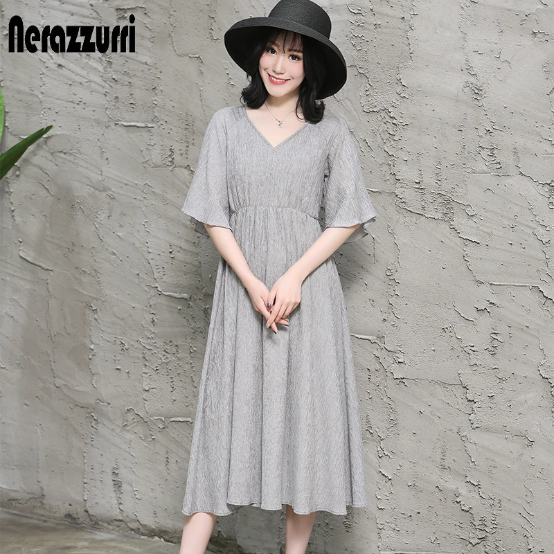 

Nerazzurri High quality dress v neck fall long midi gray orange pleated runway casual big size dresses 2019 large size 5xl 6xl