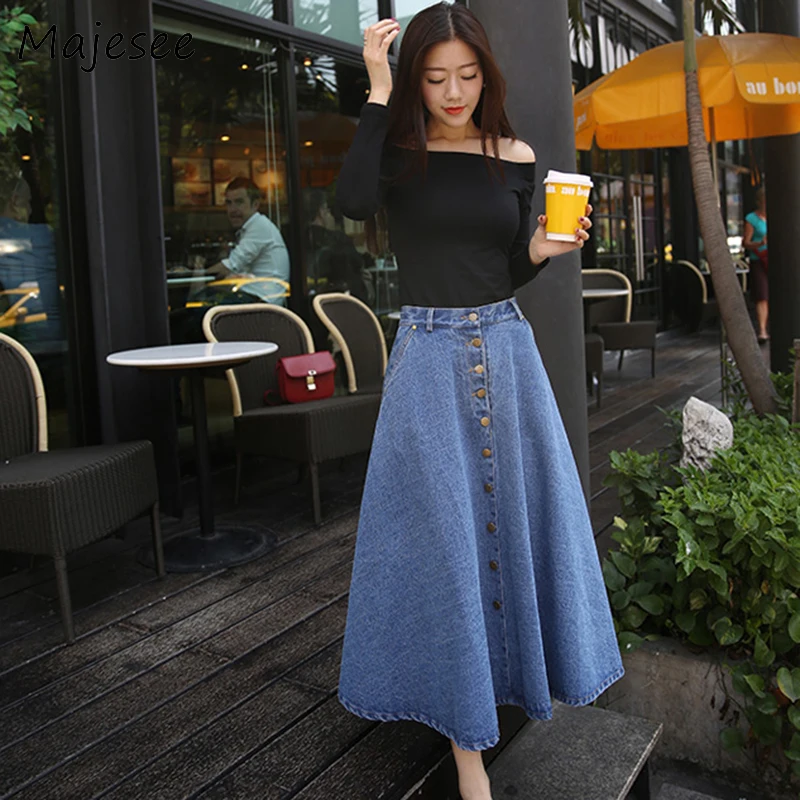 

Elegant High Waist Skirt Casual Denim Single Breasted Skirts Womens Long Style Pockets Women Korean Students New Trendy School