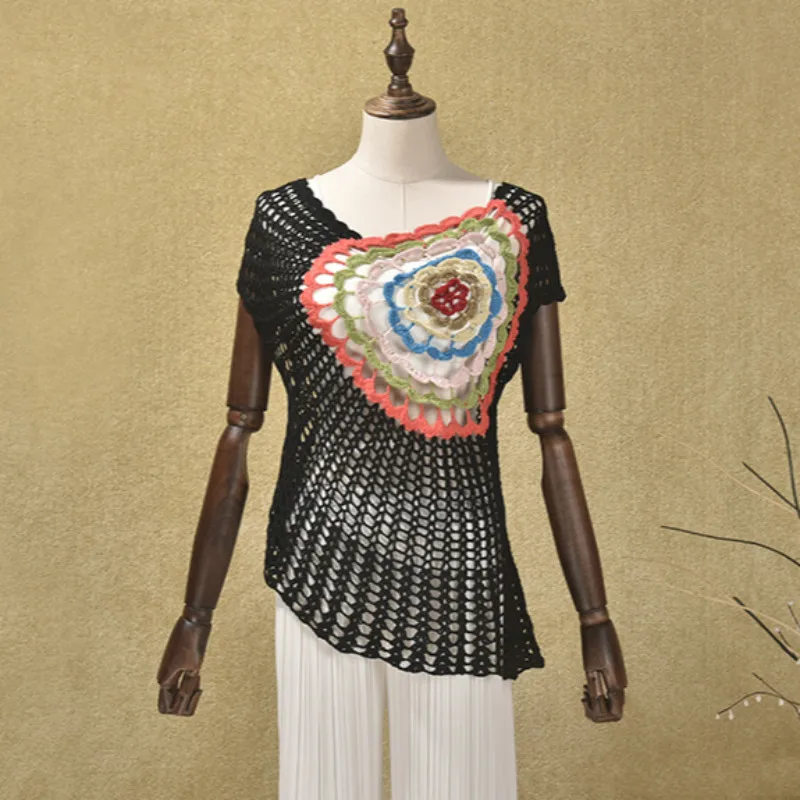 

Women knitted Sweater Hollow Hook Flower Crochet Shirt Blouse Vintage Handmade Hook Summer Beach Blouse shirts blusas