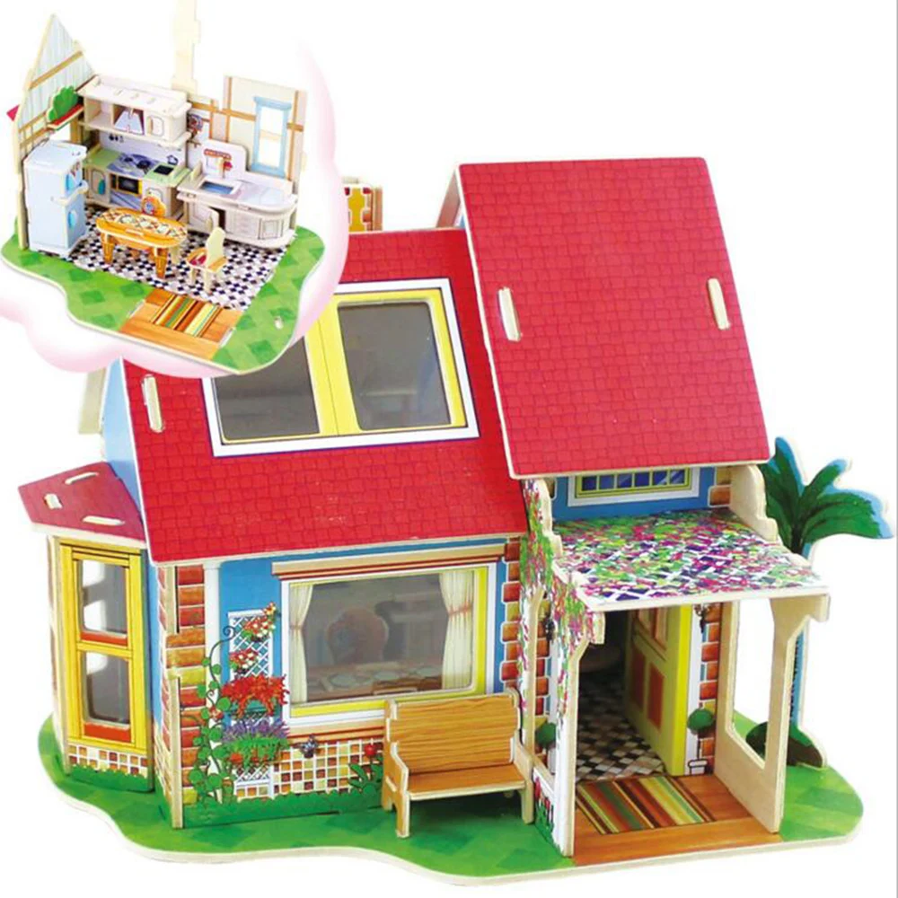 Diy holzspielzeug mini häuser 3d puzzle multicolor welt kinder pädagogisches modell kit simulation küche schlafzimmer
