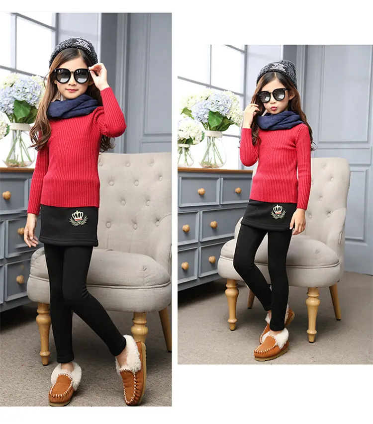 3-12 y children girls leggins winter leggings girls pants fleece warm leggings girl pantskirt solid color crown appliques (8)