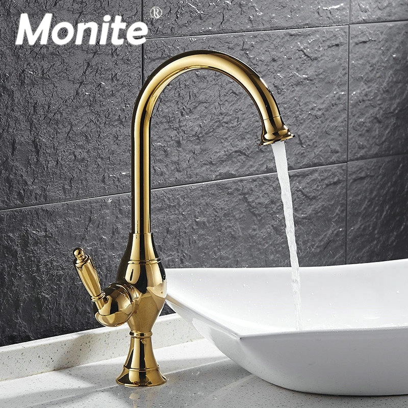 

Monite Golden Swivel Spray Kitchen Faucets Basin Sink Stream Spout Counter Top Water Tap Vessel Lavatory Faucet Mixer Tap
