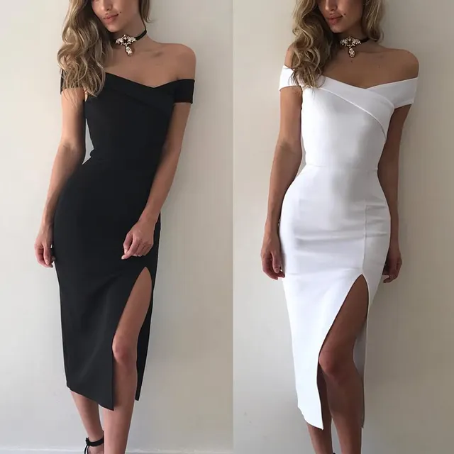 Sexy Women Off Shoulder Cross Dress Stretch Short Sleeve Elegant Bodycon Side Split Party Dresses FS99