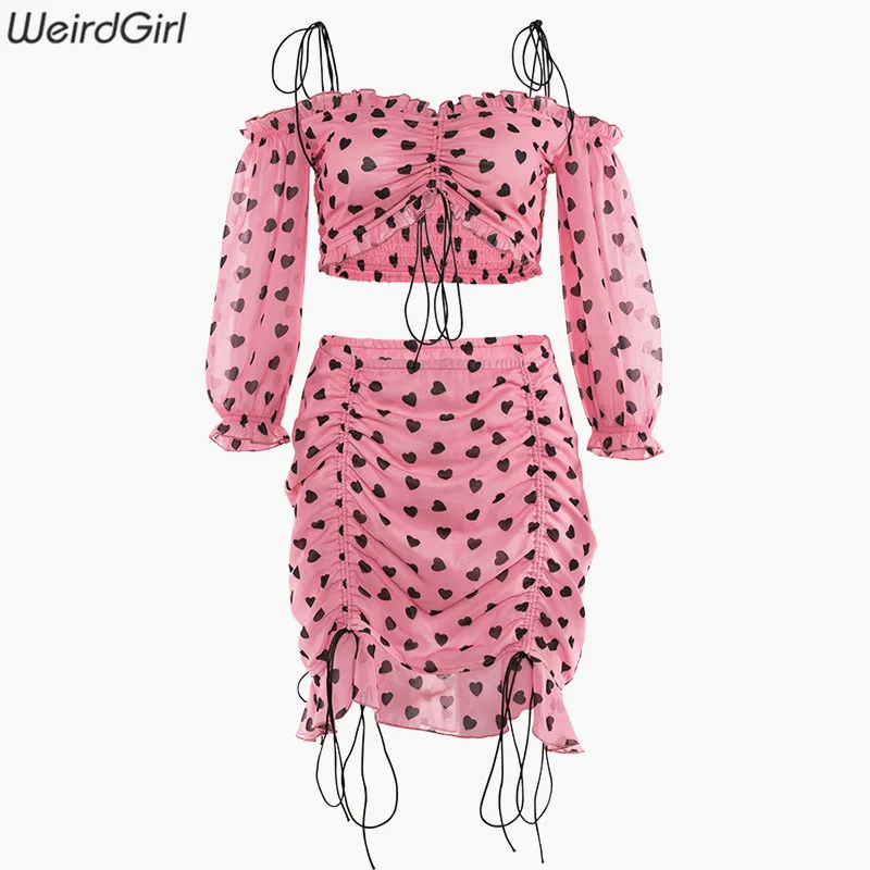 Weirdgirl/женские комплекты из 2 предметов, топы без бретелек с принтом в виде звезд, облегающие Женские мини-юбки, новая летняя уличная одежда - Цвет: Розовый