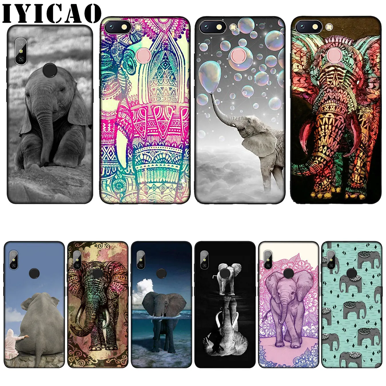

IYICAO Animal Baby Elephant Transparent Silicone Soft Case for Xiaomi Redmi 6A 5A Note 8 7 4 4X 5 Plus 6 Pro Black TPU Cover