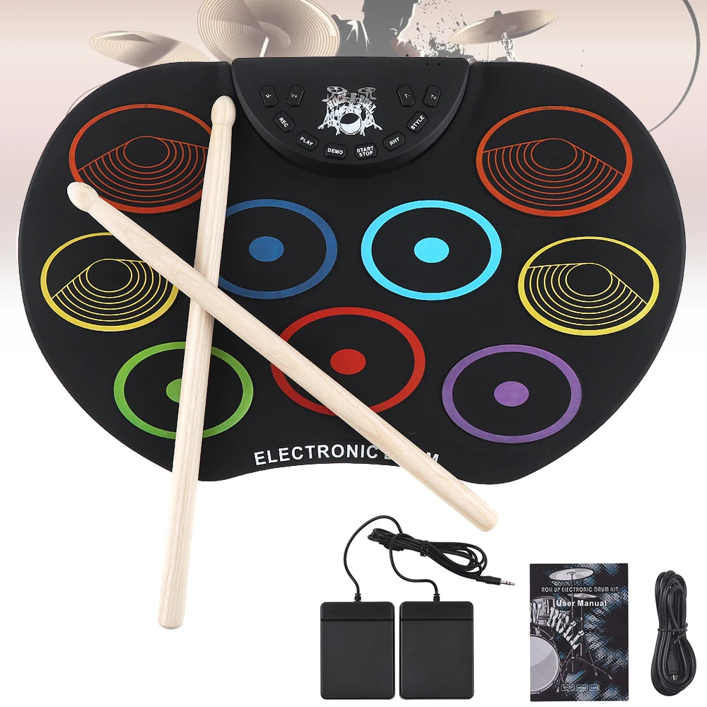 

Electronic Drum Portable Digital USB 9 Pads Colorful Roll up Set Silicone Electric Drum Kit with Drumsticks and Sustain Pedal
