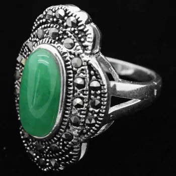 

24*16mm VINTAGE NATURAL FREEN Natural jade MARCASITE 925 SILVER RING SIZE 7/8/9/10
