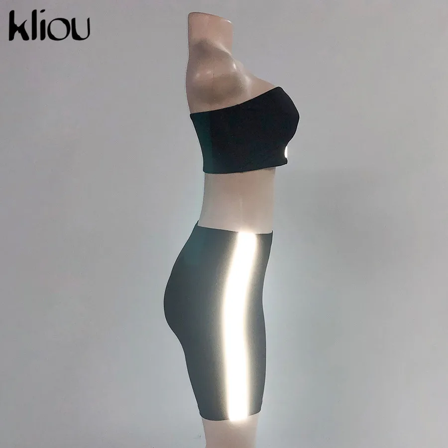 Kliou женский летний эластичный однотонный облегающий комплект из 2 предметов со светоотражающими полосками укороченный топ майка и шорты