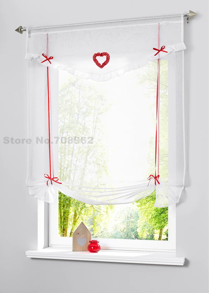 

Love Patched Design Rod-packet Top Sheer Kitchen Balloon Tie-Up Wave Curtain