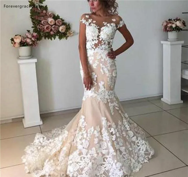 Gorgeous Lace Mermaid Wedding Dresses Blushing Champagne Sheer Cap Sleeve 3D Flora Appliques Long Backless Bridal Gowns  185 (3)