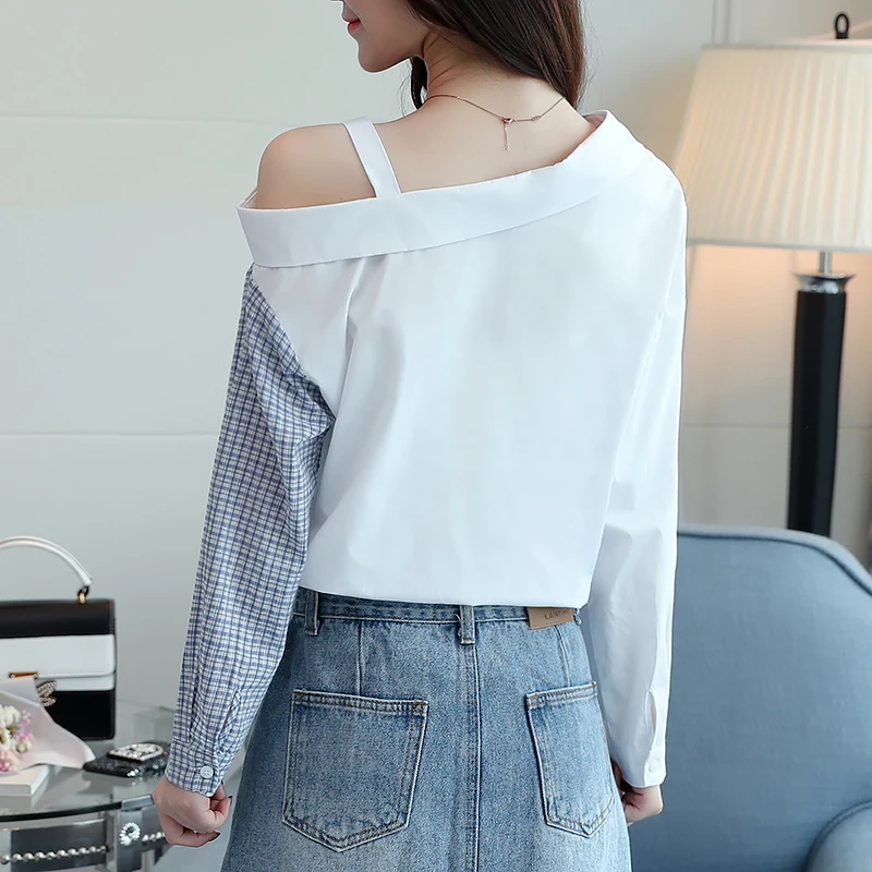 2019 fashion v-neck sexy strapless women blouse shirt summer long sleeve women tops shirts plaid wo