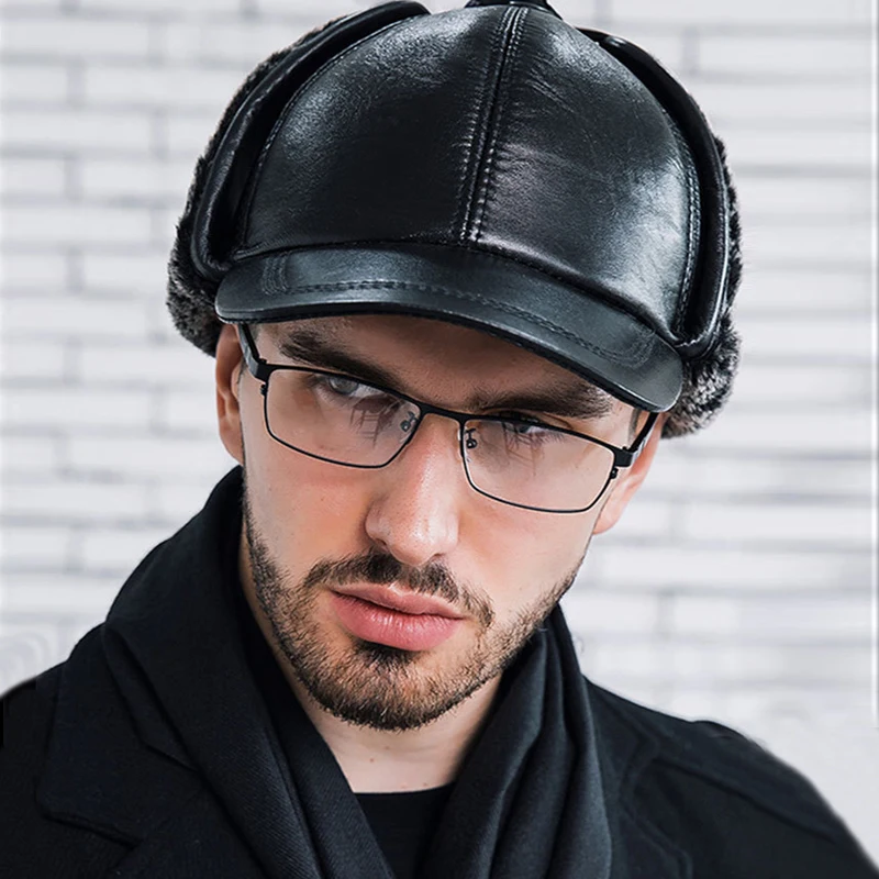 Мужские бейсболки из натуральной кожи, шапки из искусственного меха, зимняя теплая шапка с ушками, черная Серая шапка