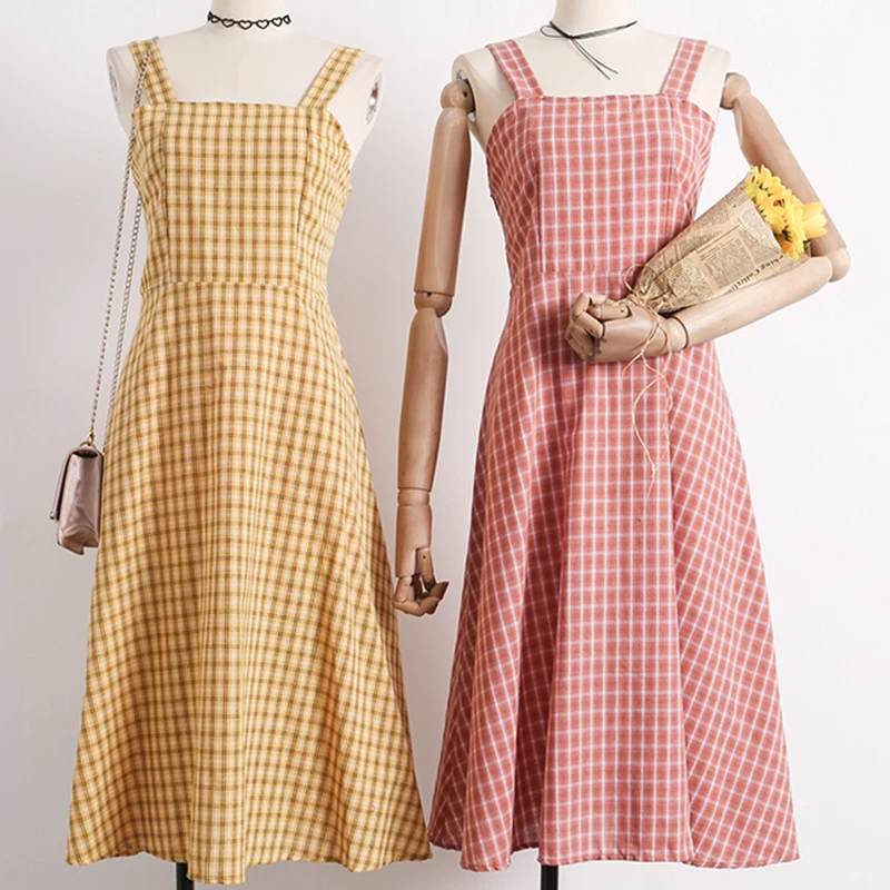 

Chic A-Line Women Dress High Waist 2019 Summer Ladies Casual Dresses Fashion Plaid Spaghetti Strap Square Collar Preppy Dress
