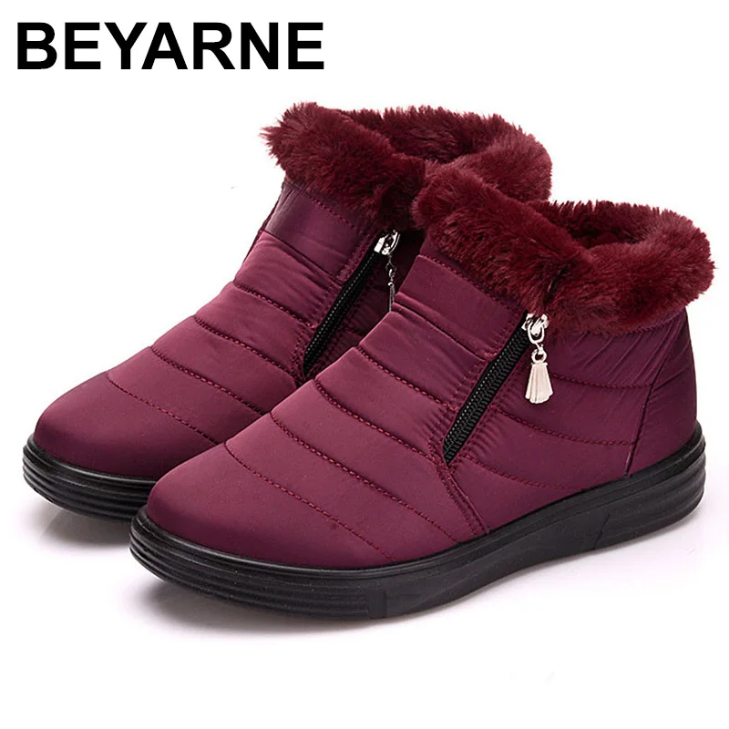 BEYARNEWinter Women SnowBoots Warm Cotton Plush Insole Shoes Fashion Waterproof Platform Ladies Flat Zipper Female Zapatos Mujer | Обувь