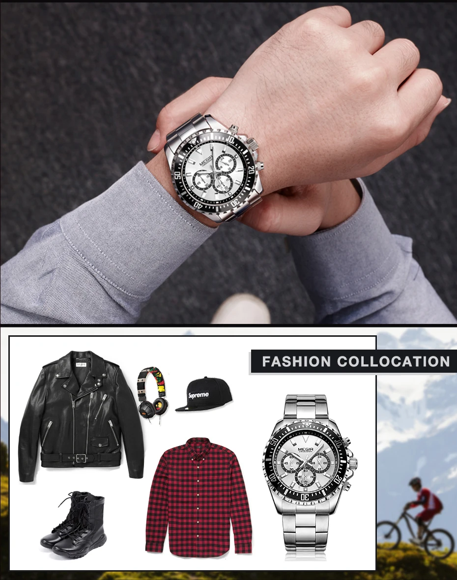 Megir кварцевые часы с хронографом для мужчин, модные мужские часы, Топ бренд класса люкс, 24 часа, сталь, под платье, спортивные наручные часы, Relogio Masculino