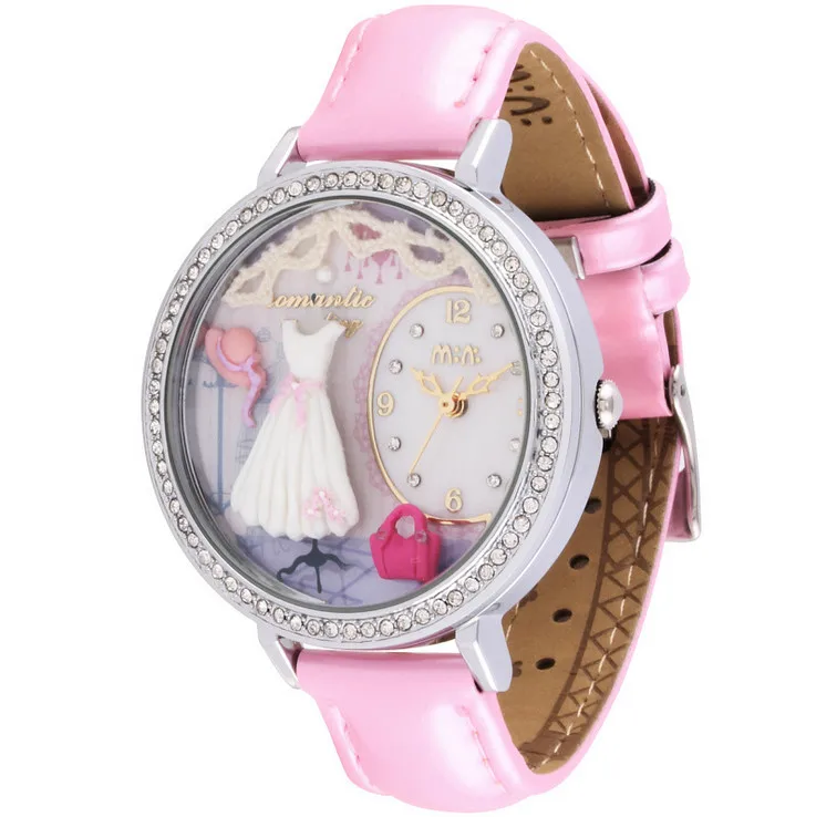 Элегантные модные женские часы с изящными кристаллами, ручная работа, глиняные белые платья, наручные часы из натуральной кожи, кварцевые часы, Reloj S043 - Цвет: Розовый