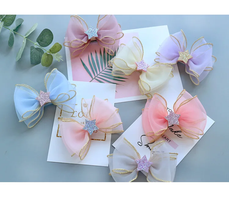 

Boutique ins 15pcs Fashion Cute Glitter Star Bow Tie Hairpins Solid Gauze Bowknot Hair Clips Princess Headwear Hair Accessories