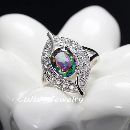 

CWWZircons Special Design Women CZ Party Jewelry Fashion Oval Cut Big Rainbow Fire Mystical Crystal Rings For Ladies R068