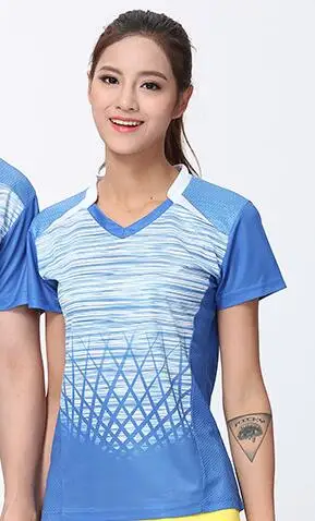 Новая мужская Спортивная футболка, женская рубашка для настольного тенниса, рубашка для бадминтона, одежда, Теннисный трикотаж, Спортивная рубашка для мужчин и женщин - Цвет: women sky blue shirt