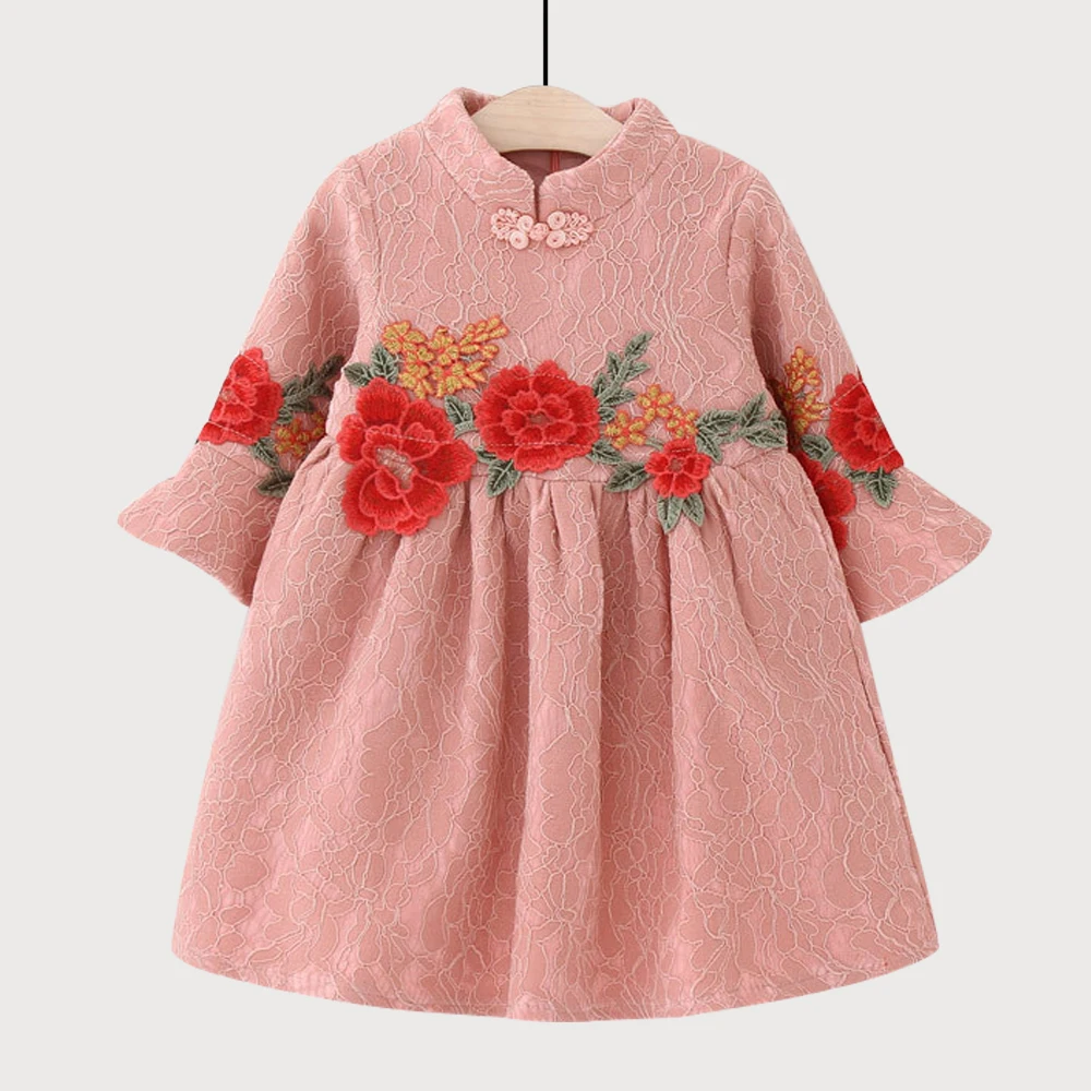 Welaken/платье для девочек с цветочным узором; Новое поступление года; детская одежда с длинными рукавами и рюшами; модные детские платья в этническом стиле - Цвет: Розовый