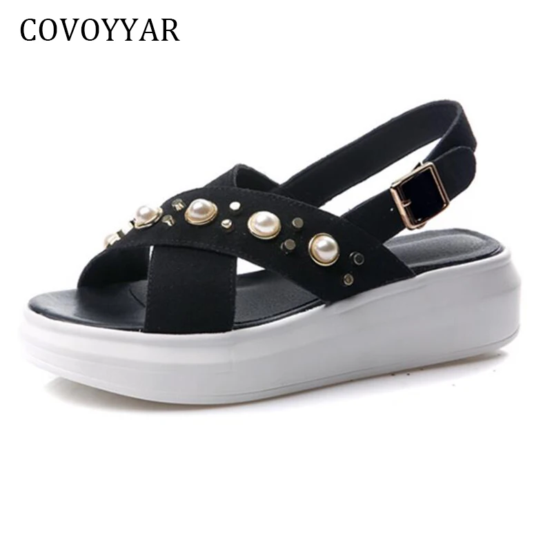 melhor COVOYYAR 2018 Pérola Rebites Mulheres Sandálias Da Moda Verão Sandálias Das Senhoras da Plataforma Do Dedo Do Pé Aberto Cunhas Sapatos Casuais WSS858