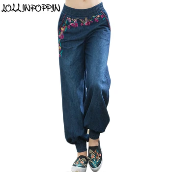 

Women Floral Embroidery Loose Jeans Ladies Bloomers Ethnic Vintage Blue Denim Pants Elastic Waist Harem Jeans