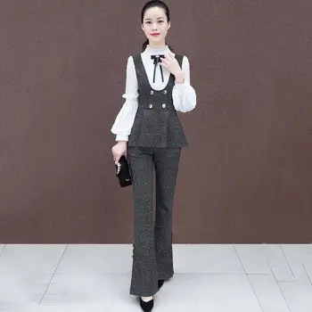 

Spring Autumn 2019 New Women Two Piece Set Female Patchwork Tops + Flare Pants Sets Ladies Korean OL Vintage Slim Suits F108