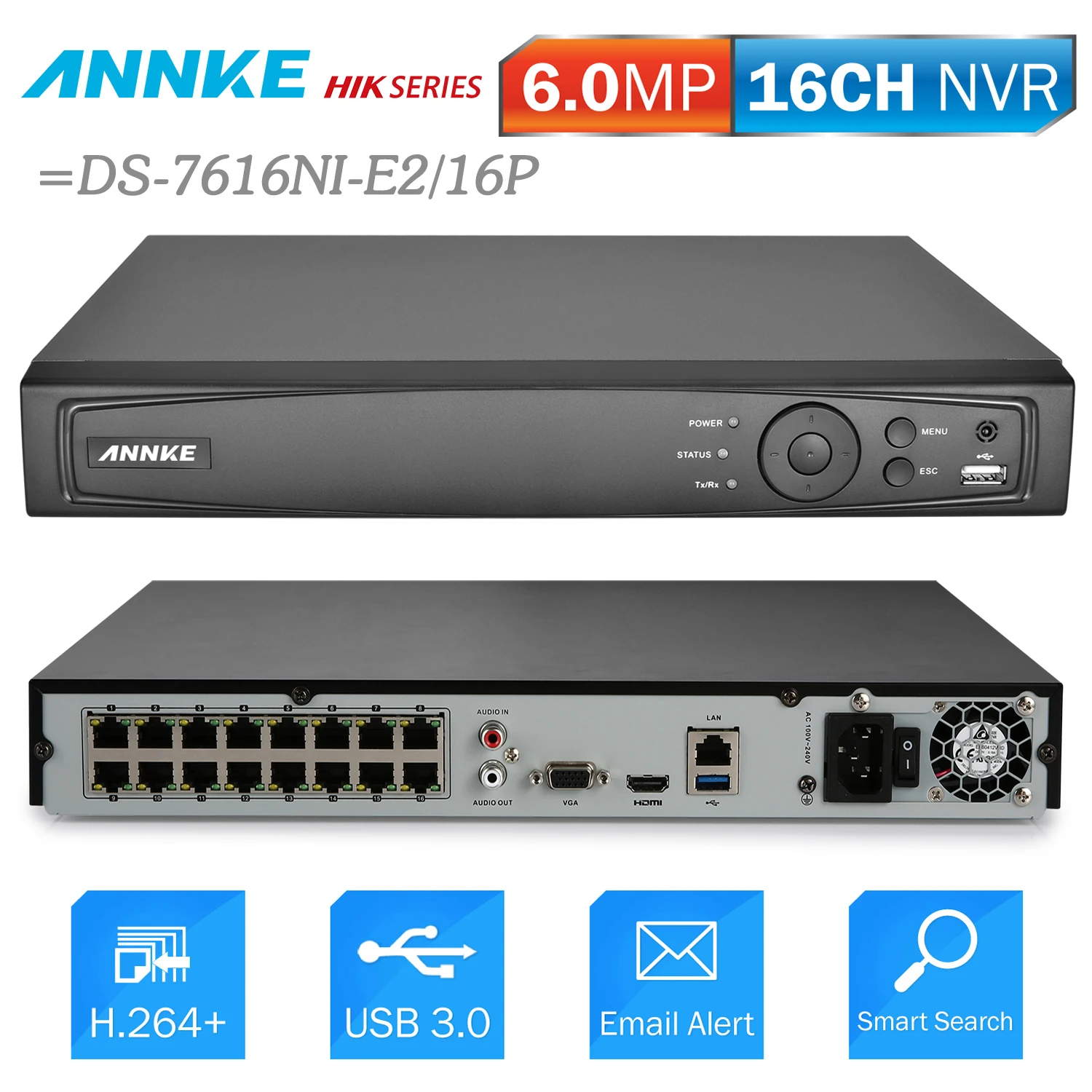 Goedkoop ANNKE 16CH 6MP POE NVR Netwerk Video Recorder DVR Voor POE IP Camera P2P Cloud Functie Plug En Play = NIK DS 7616NI E2 16 p