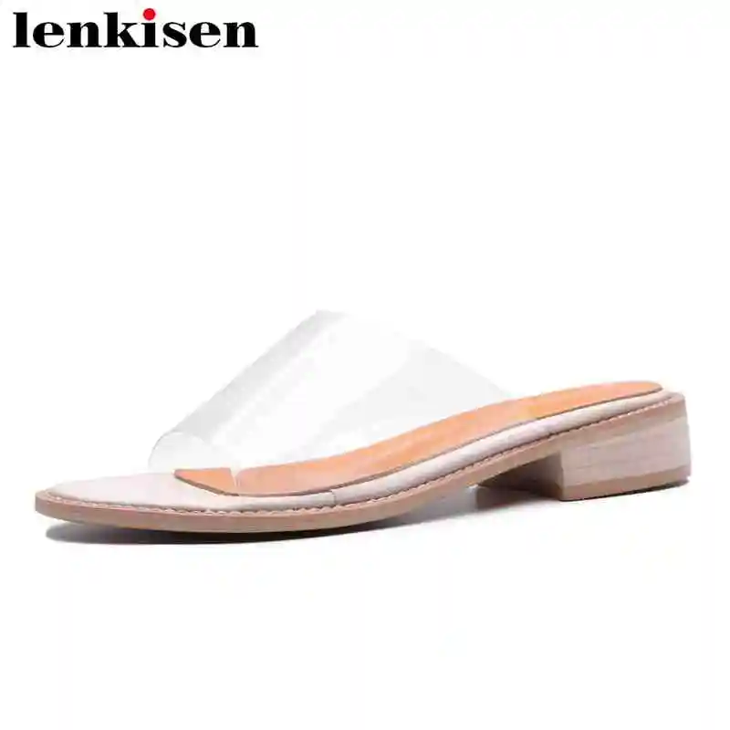 

Lenkisen casual sweet slip on transparent beach shoes peep round toe solid low heel outside party women mules summer sandals L87