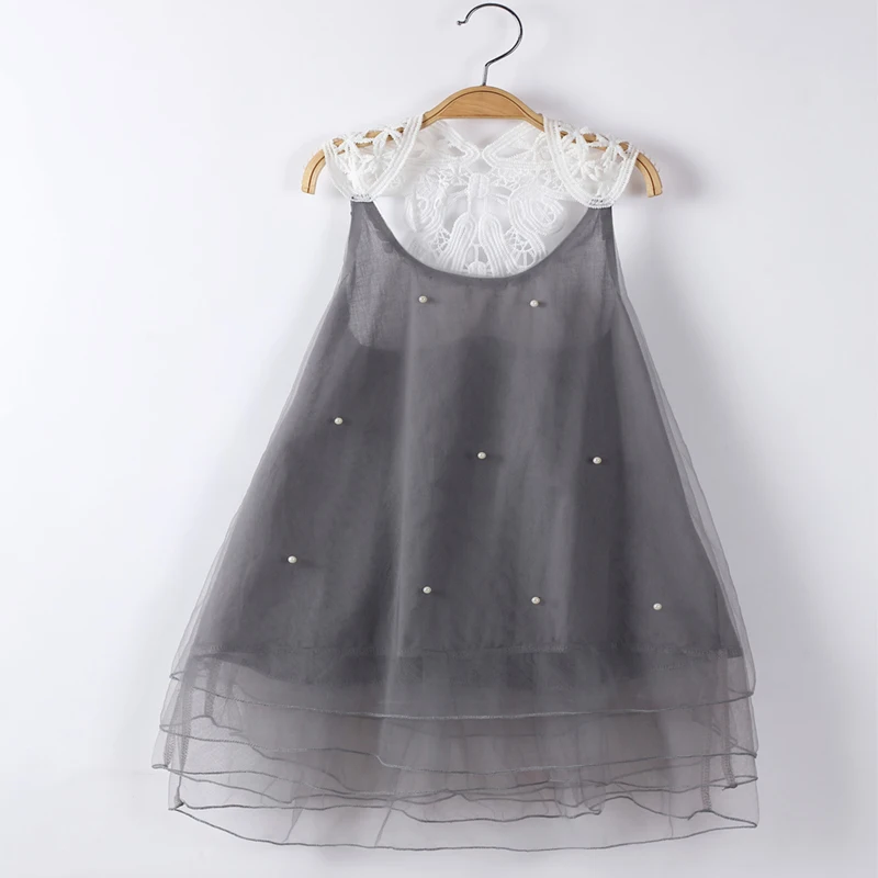 

Girls Clothes Cotton Yarn Hook Flower Camisole Lace Dress Pearl Decoration Vestido Infantil 1-8 Y Child Quality Clothing 2019
