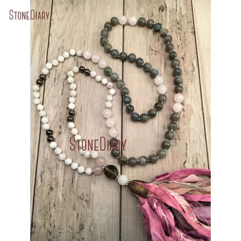 20180313-NM11112-Moonstone and Labradorite Tassel Necklace 108 Mala Necklace Mala Beads Boho Tassel Necklace Sari Silk Tassel Hand Knotted Boho Jewelry