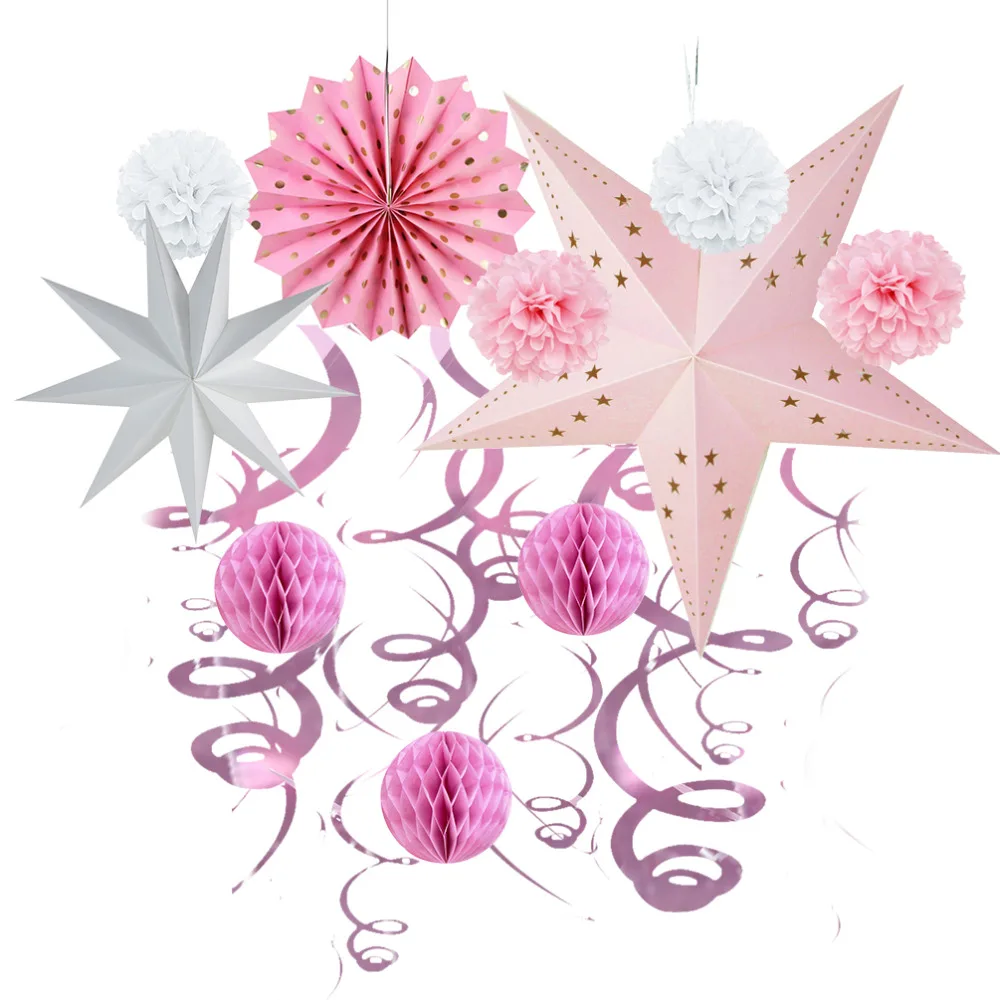 11pcs Pink Party Decoration Set Hanging Swirl Decoration Paper Star