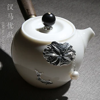 

Japanese white jade porcelain pot pottery household tea set wood handle teapot handmade silver inlaid one pot and two cups