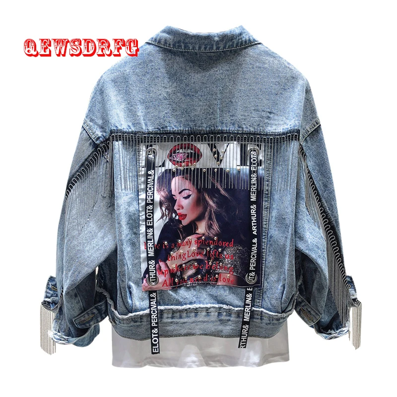 

tassel Denim Jacket Women 2019 Spring Applique Jeans Outwear Female Single Breasted Frayed Jeans Coats women's denim jacket