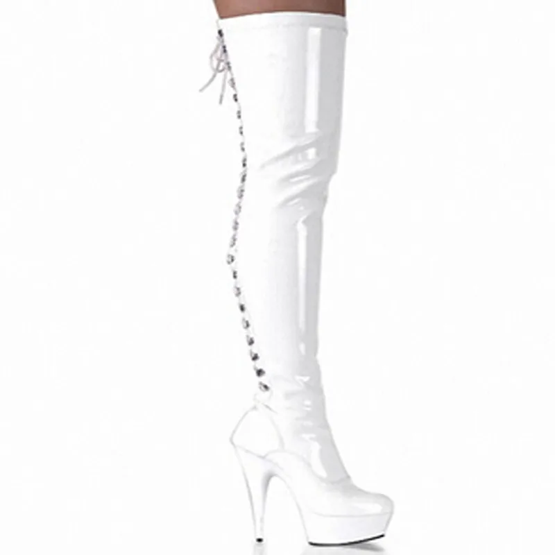 LAIJIANJINXIA/Сапоги выше колена; сапоги-гладиаторы с перекрестными ремешками; женская танцевальная обувь на платформе и высоком каблуке; пикантные танцевальные сапоги для клубов - Цвет: Белый