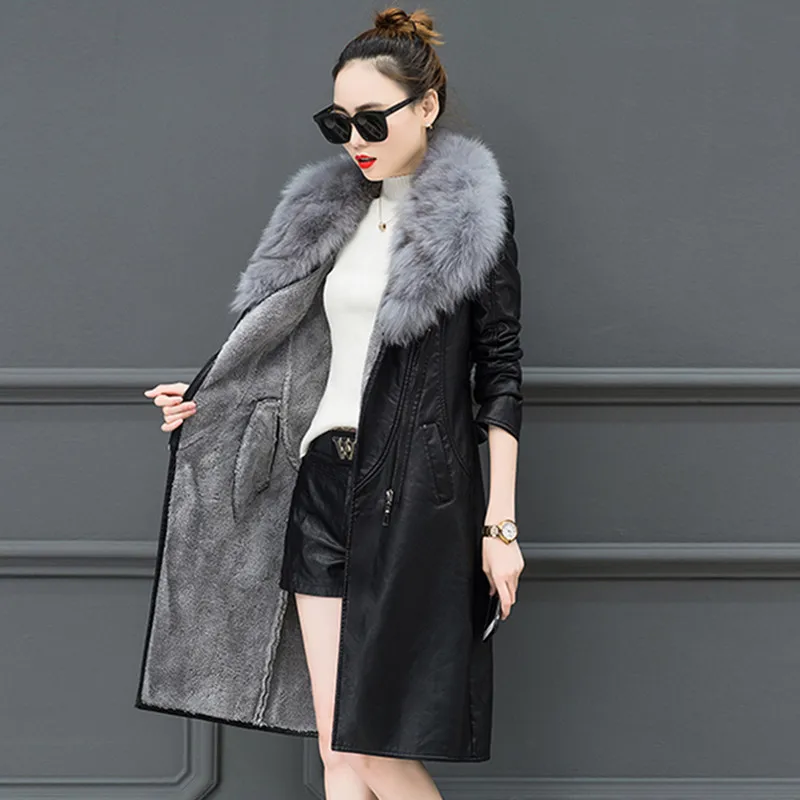 

Plus Size M-4XL Winter New Women Long Coat Leather Motorcycle Jacket Woman Fashion Suede Coat Windbreaker Faux Leather Coat 337